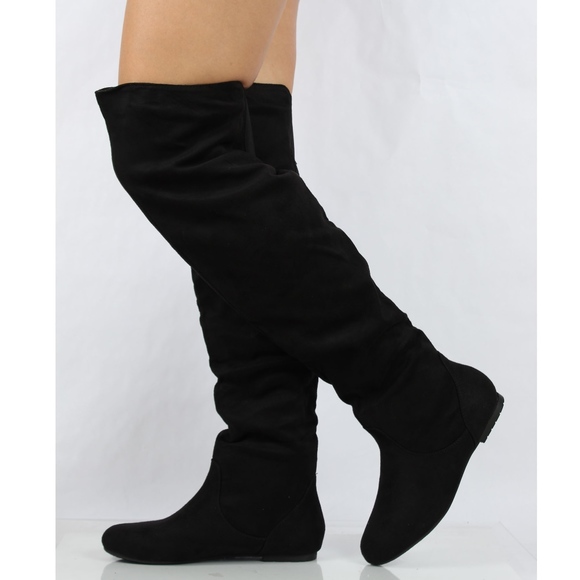 Black Slouchy Over The Knee Pull On Flat Boot - Picture 4 of 6